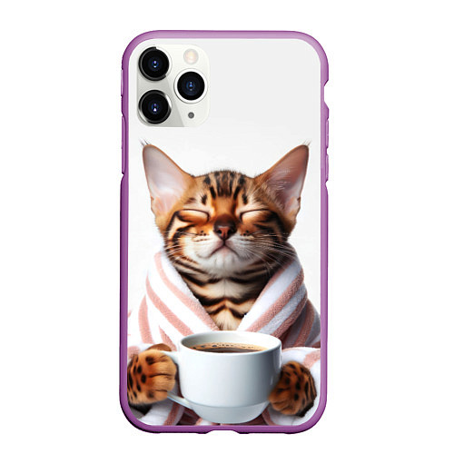 Чехол iPhone 11 Pro матовый Котик в халате / 3D-Фиолетовый – фото 1