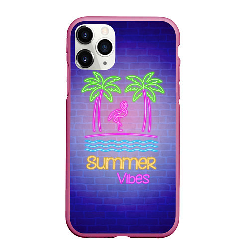 Чехол iPhone 11 Pro матовый Неоновые пальмы и фламинго summer vibes / 3D-Малиновый – фото 1