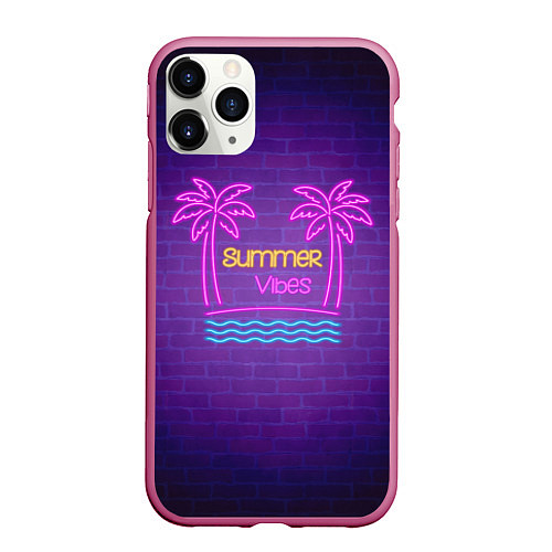 Чехол iPhone 11 Pro матовый Неоновые пальмы summer vibes / 3D-Малиновый – фото 1