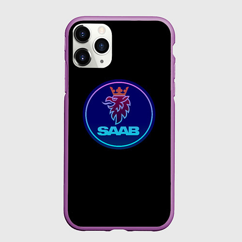 Чехол iPhone 11 Pro матовый Saab logo neon / 3D-Фиолетовый – фото 1