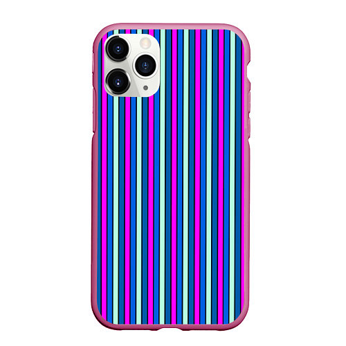 Чехол iPhone 11 Pro матовый Сине-розовый полосатый / 3D-Малиновый – фото 1