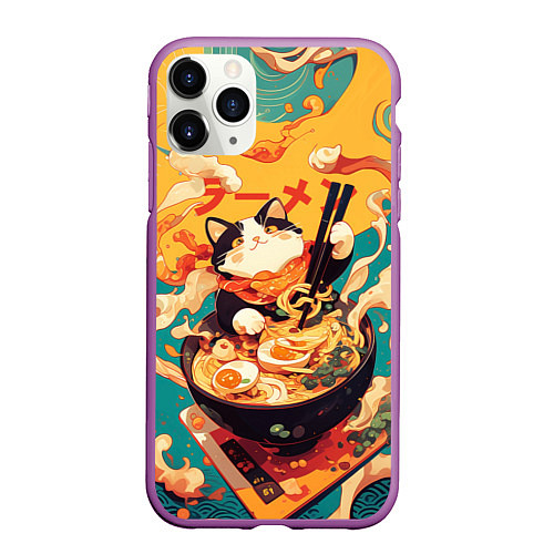 Чехол iPhone 11 Pro матовый The cat eats ramen / 3D-Фиолетовый – фото 1