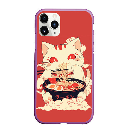 Чехол iPhone 11 Pro матовый Japanese cat eats ramen / 3D-Фиолетовый – фото 1