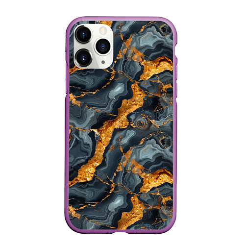 Чехол iPhone 11 Pro матовый Золотой мрамор / 3D-Фиолетовый – фото 1