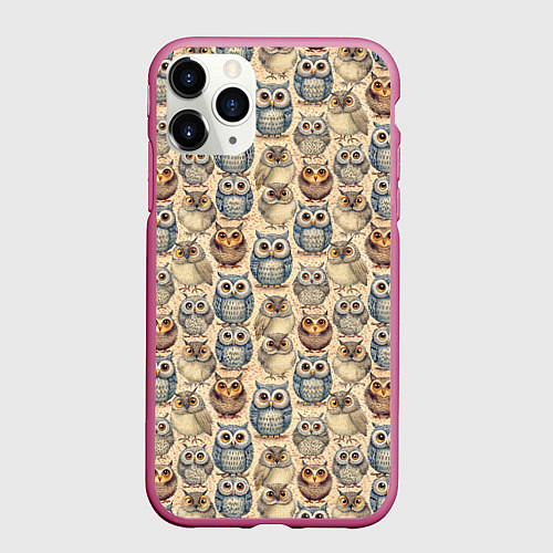 Чехол iPhone 11 Pro матовый Совы птицы паттерн / 3D-Малиновый – фото 1