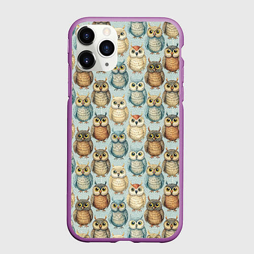 Чехол iPhone 11 Pro матовый Совы птицы паттерн / 3D-Фиолетовый – фото 1