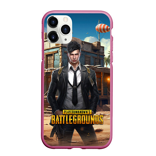 Чехол iPhone 11 Pro матовый PUBG mobile персонаж в костюме / 3D-Малиновый – фото 1