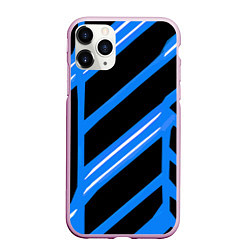 Чехол iPhone 11 Pro матовый Black and white stripes on a blue background, цвет: 3D-розовый