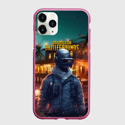 Чехол iPhone 11 Pro матовый PUBG персонаж в городе / 3D-Малиновый – фото 1
