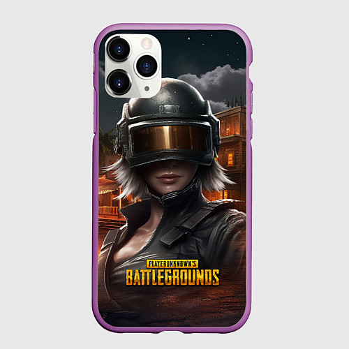Чехол iPhone 11 Pro матовый PUBG девушка в шлеме / 3D-Фиолетовый – фото 1