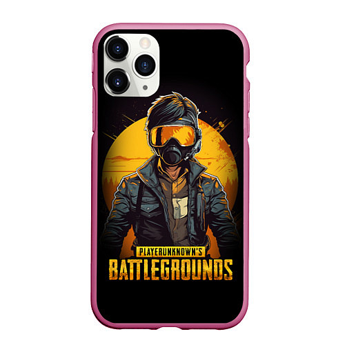 Чехол iPhone 11 Pro матовый PUBG игрок на закате черный фон / 3D-Малиновый – фото 1