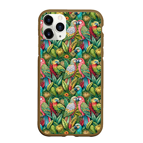 Чехол iPhone 11 Pro матовый Влюбленные попугаи в листьях / 3D-Коричневый – фото 1