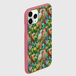 Чехол iPhone 11 Pro матовый Влюбленные попугаи в листьях, цвет: 3D-малиновый — фото 2