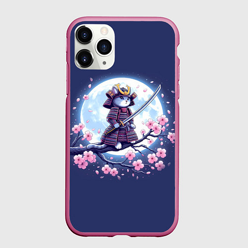 Чехол iPhone 11 Pro матовый Котёнок самурай - цветущая сакура / 3D-Малиновый – фото 1