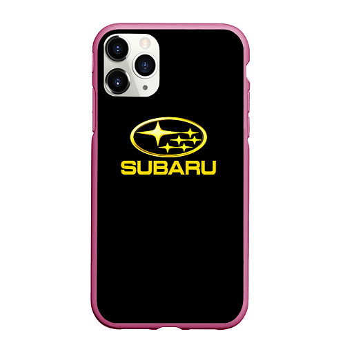 Чехол iPhone 11 Pro матовый Subaru logo yellow / 3D-Малиновый – фото 1