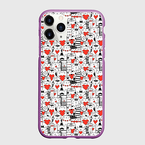 Чехол iPhone 11 Pro матовый Котики держат сердечки / 3D-Фиолетовый – фото 1