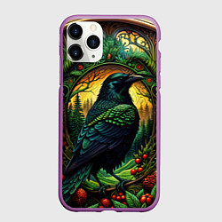 Чехол iPhone 11 Pro матовый Скандинавский ворон лесной узор, цвет: 3D-фиолетовый