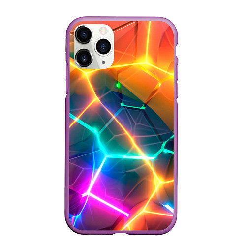Чехол iPhone 11 Pro матовый Яркий градиент в разломленных плитах с желтым свет / 3D-Фиолетовый – фото 1