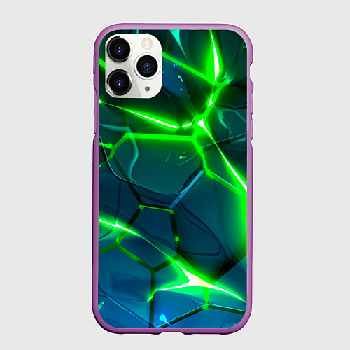 Чехол iPhone 11 Pro матовый Неоновые яркие зеленые разломленные плиты со свето / 3D-Фиолетовый – фото 1