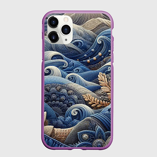 Чехол iPhone 11 Pro матовый Джинсовые волны - нейросеть / 3D-Фиолетовый – фото 1