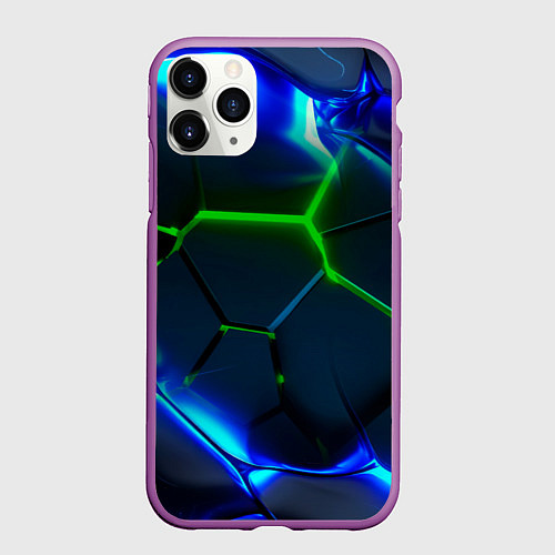 Чехол iPhone 11 Pro матовый Зеленые яркие неоновые плиты / 3D-Фиолетовый – фото 1