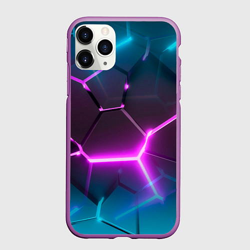 Чехол iPhone 11 Pro матовый Голубые и розовые неоновые плиты в разломе / 3D-Фиолетовый – фото 1