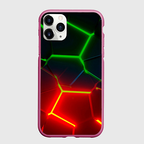 Чехол iPhone 11 Pro матовый Зеленые и красные неоновые плиты в разломе / 3D-Малиновый – фото 1