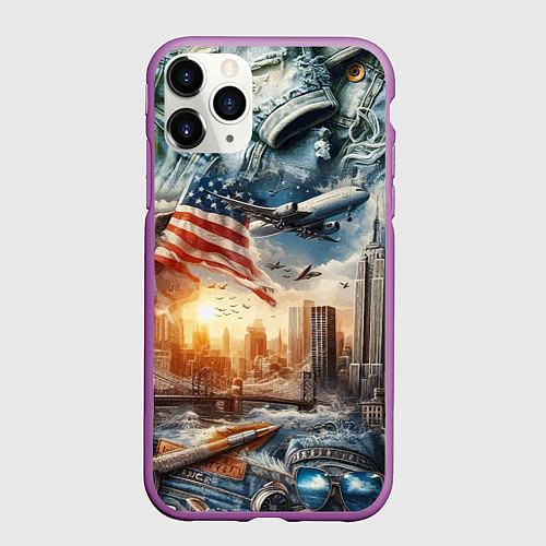 Чехол iPhone 11 Pro матовый Американский коллаж - нейросеть / 3D-Фиолетовый – фото 1