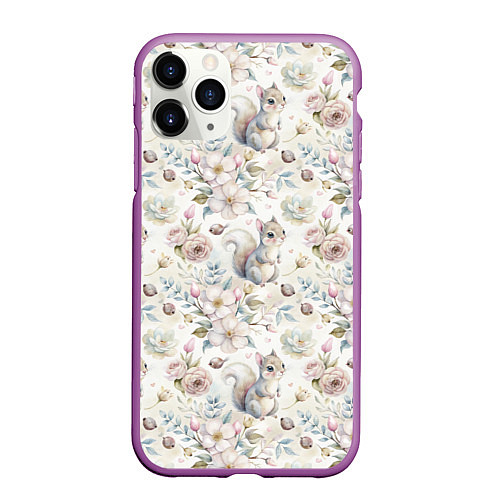 Чехол iPhone 11 Pro матовый Нежная белочка в цветах / 3D-Фиолетовый – фото 1