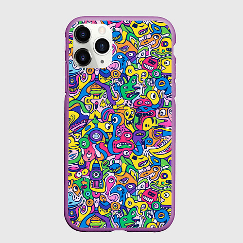 Чехол iPhone 11 Pro матовый Рожицы разноцветные / 3D-Фиолетовый – фото 1