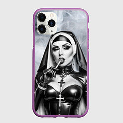 Чехол iPhone 11 Pro матовый Пошлая монахиня с чупа чупсом, цвет: 3D-фиолетовый