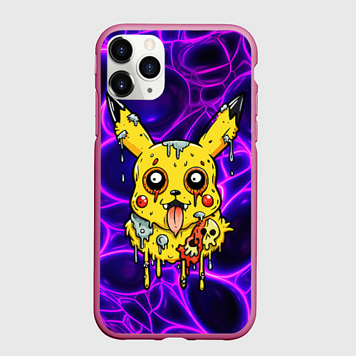 Чехол iPhone 11 Pro матовый Растекшийся Пикачу зомби на неоне / 3D-Малиновый – фото 1