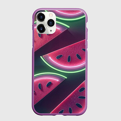 Чехол iPhone 11 Pro матовый Дольки арбуза неон / 3D-Фиолетовый – фото 1