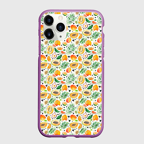Чехол iPhone 11 Pro матовый Акварельные тропические фрукты / 3D-Фиолетовый – фото 1