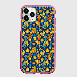 Чехол iPhone 11 Pro матовый Кактусы разноцветный мексиканский яркий узор, цвет: 3D-малиновый