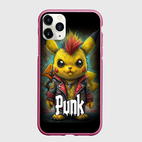 Чехол iPhone 11 Pro матовый Панк Пикачу в косухе / 3D-Малиновый – фото 1