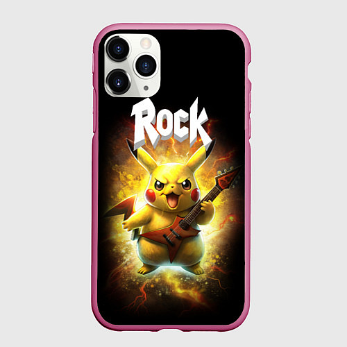 Чехол iPhone 11 Pro матовый Пикачу рокер с электрогитарой / 3D-Малиновый – фото 1
