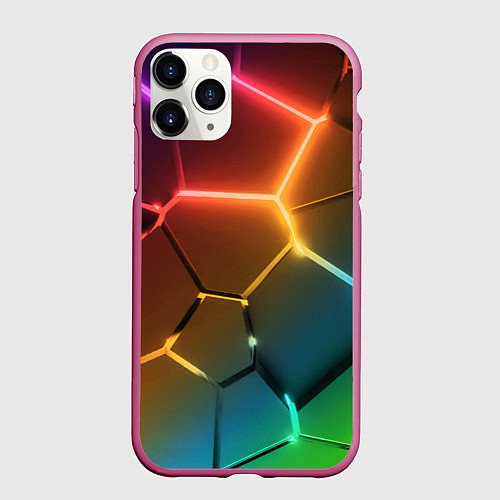 Чехол iPhone 11 Pro матовый Радужные неоновые плиты в разломе / 3D-Малиновый – фото 1