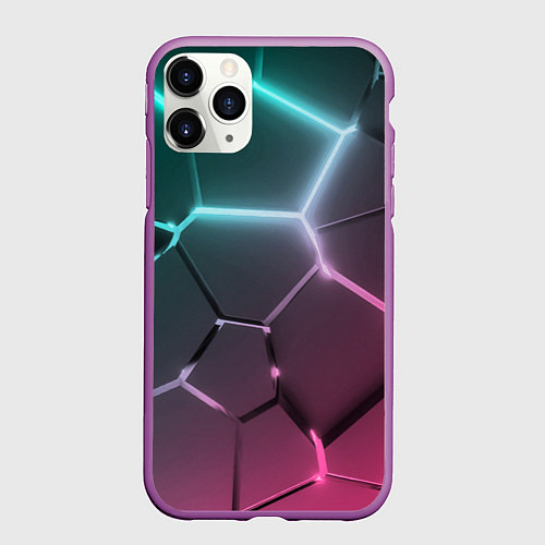 Чехол iPhone 11 Pro матовый Голубые и розовые неоновые плиты в разломе / 3D-Фиолетовый – фото 1