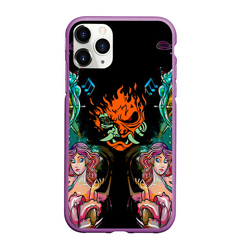 Чехол iPhone 11 Pro матовый Cyberpunk tatoo game steel japan / 3D-Фиолетовый – фото 1