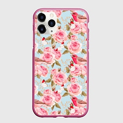Чехол iPhone 11 Pro матовый Узор цветы розы с птицами, цвет: 3D-малиновый