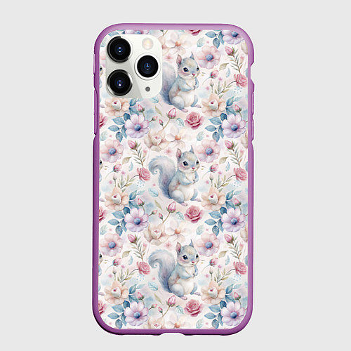Чехол iPhone 11 Pro матовый Бельчонок в цветах / 3D-Фиолетовый – фото 1