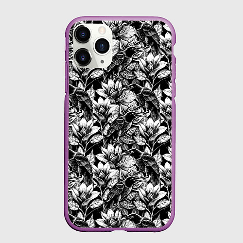 Чехол iPhone 11 Pro матовый Вороны в цветах / 3D-Фиолетовый – фото 1