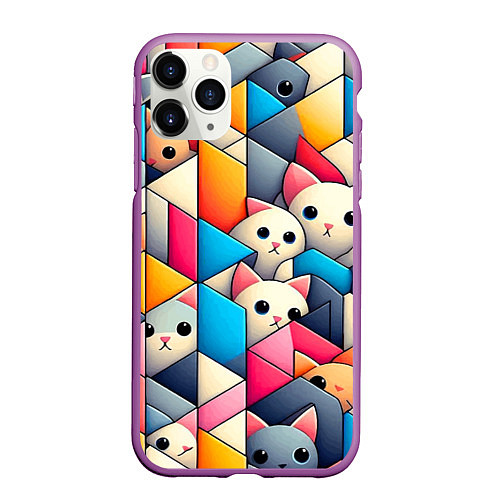 Чехол iPhone 11 Pro матовый Geometric pattern with kittens - ai art / 3D-Фиолетовый – фото 1