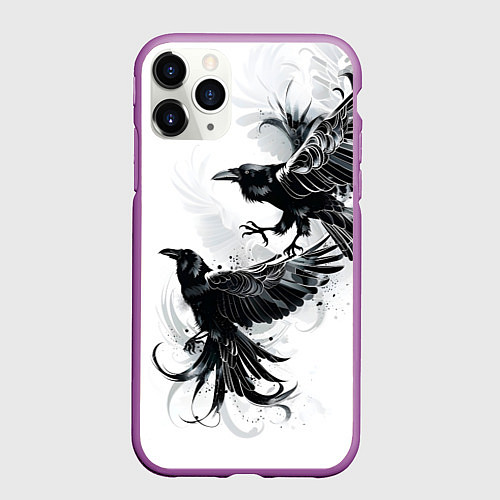 Чехол iPhone 11 Pro матовый Два каллиграфических ворона / 3D-Фиолетовый – фото 1