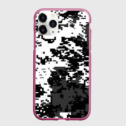 Чехол iPhone 11 Pro матовый Камуфляжные пиксели чёрно белый / 3D-Малиновый – фото 1