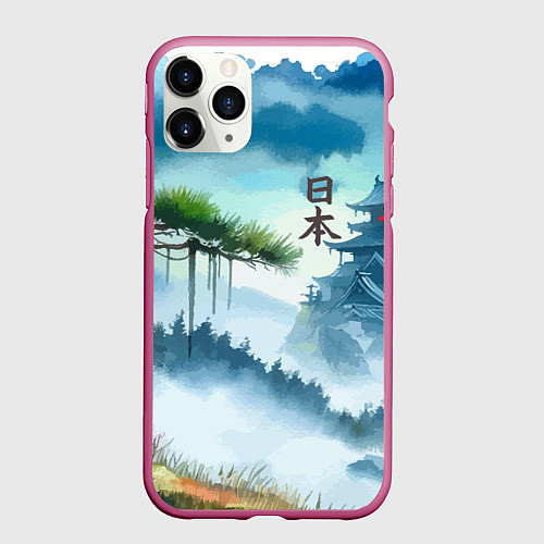 Чехол iPhone 11 Pro матовый Японский пейзаж - акварель живопись / 3D-Малиновый – фото 1