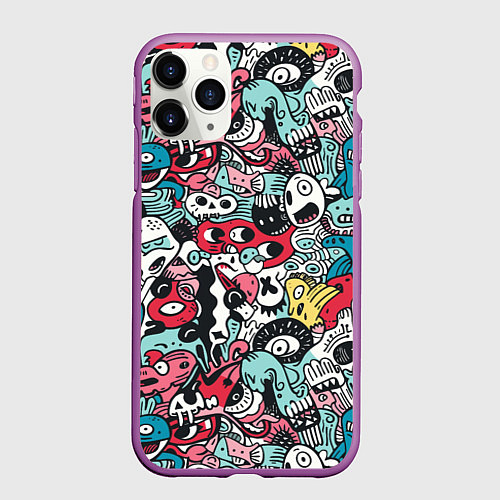 Чехол iPhone 11 Pro матовый Дудл животные абстракция / 3D-Фиолетовый – фото 1