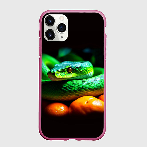 Чехол iPhone 11 Pro матовый Зеленая змея в апельсинах и мандаринах: символ нов / 3D-Малиновый – фото 1