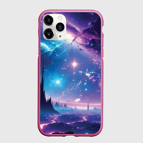 Чехол iPhone 11 Pro матовый Звездный город в космосе / 3D-Малиновый – фото 1